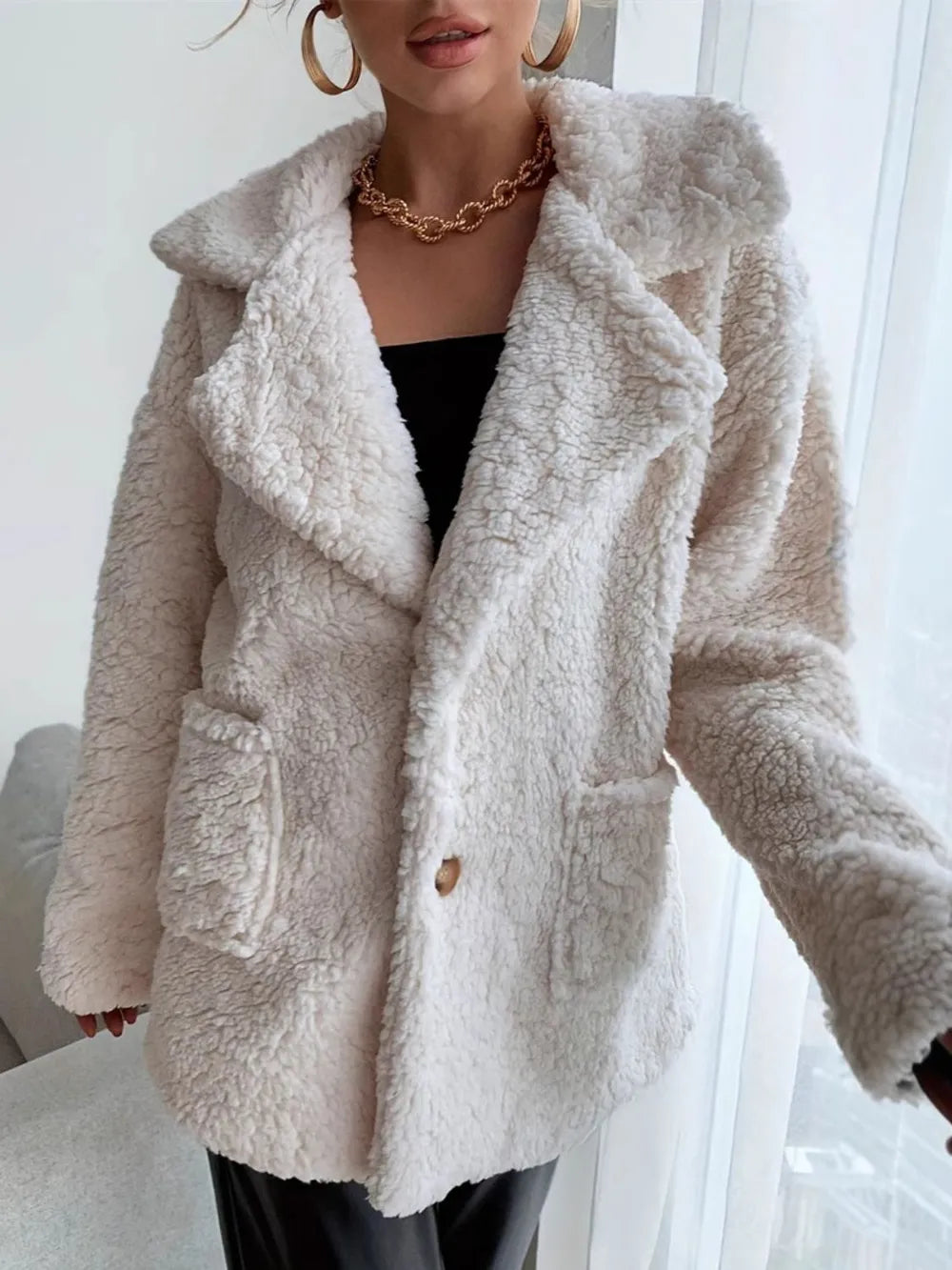 Fuzzy Open Front Long Sleeve Coat in Cream, view 4
