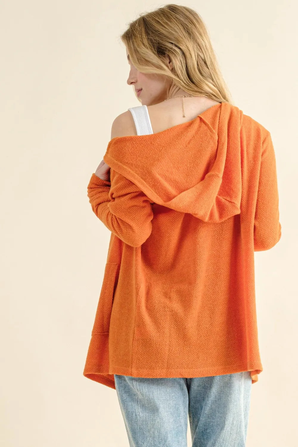 And The Why Full Size Thermal Hooded Open Front Cardigan with Pockets in Dusty Coral, view 2