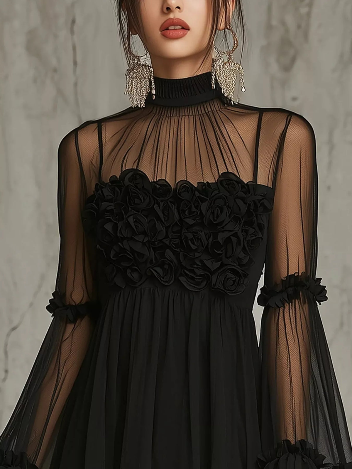 Sheer Mesh Rose Applique Mini Dress - Lilixa.store