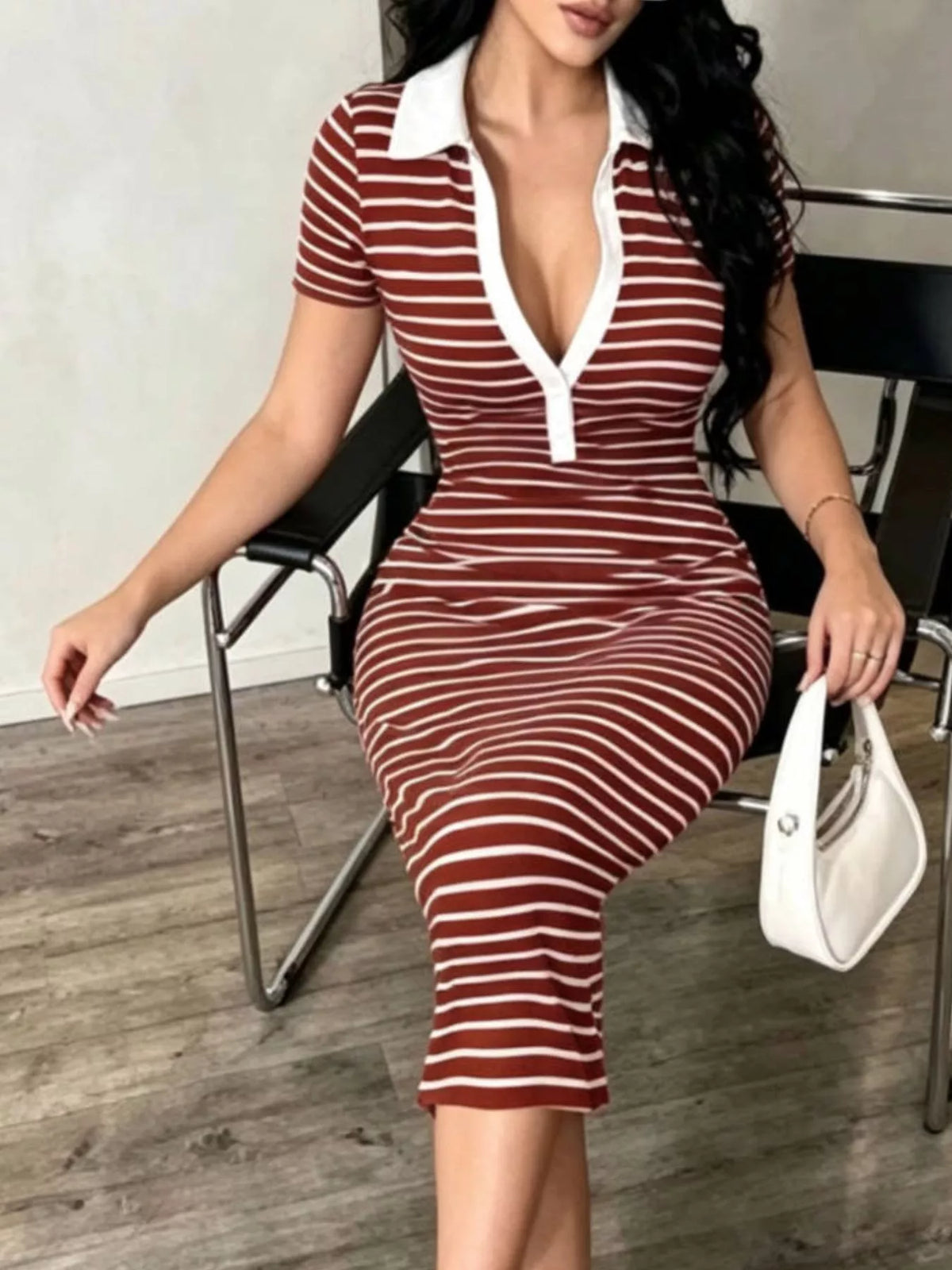 Striped Short Sleeve Bodycon Midi Dress