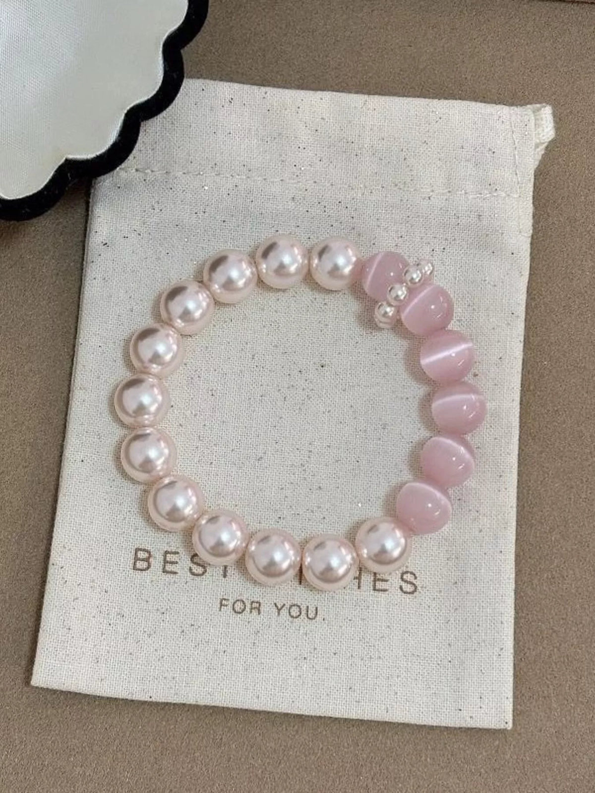 Pearl & Cat's Eye Stone Bracelet in Blush Pink, view 5