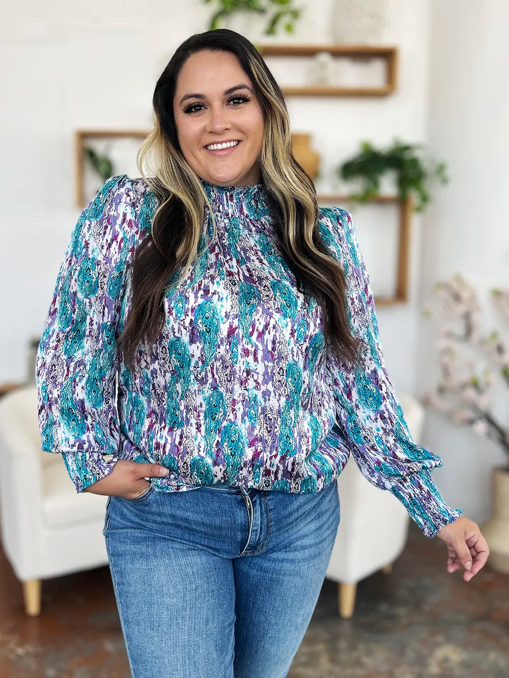 Double Take Full Size Printed Smocked Long Sleeve Blouse - Lilixa.store