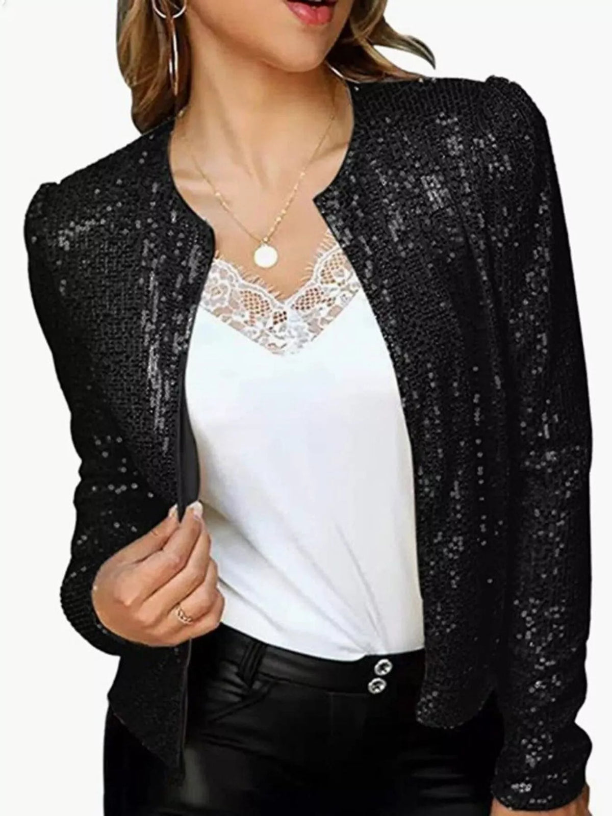 Full Size Sequin Long Sleeve Jacket Plus Size, view 9