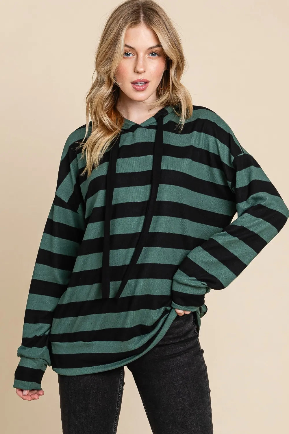 BOMBOM Drawstring Striped Dropped Shoulder Hoodie - Lilixa.store