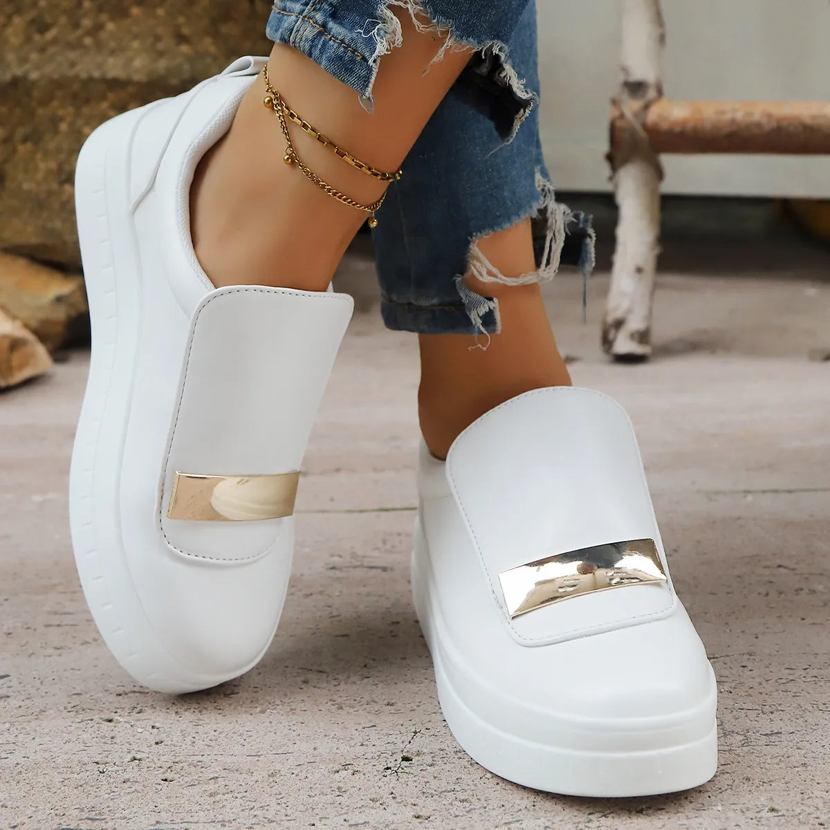 Round Toe Platform Loafers in White