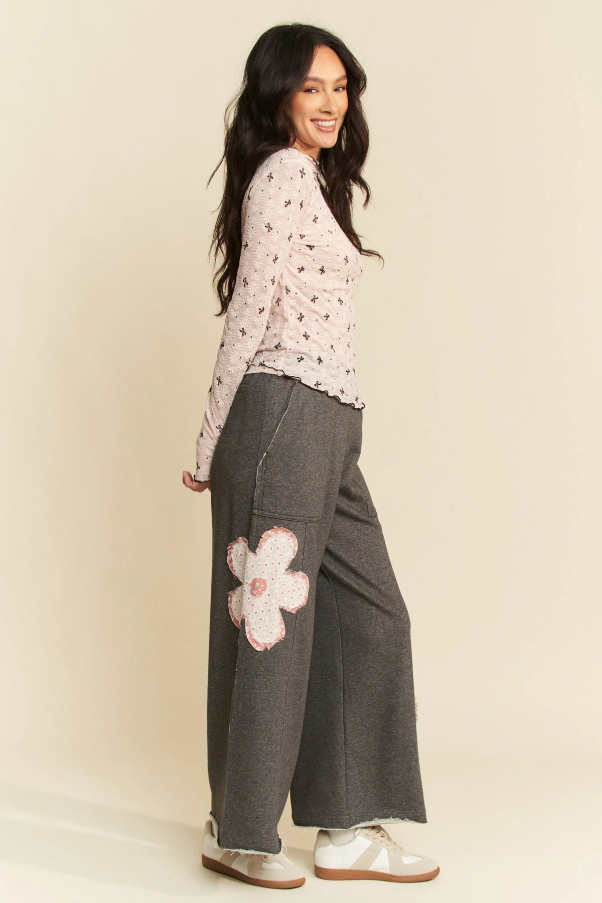Davi & Dani Ribbon Bow Lace Hem Long Sleeve Mesh Layering Top - Lilixa.store