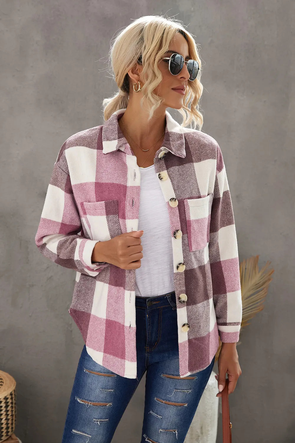 Plaid Button Up Dropped Shoulder Jacket, view 3