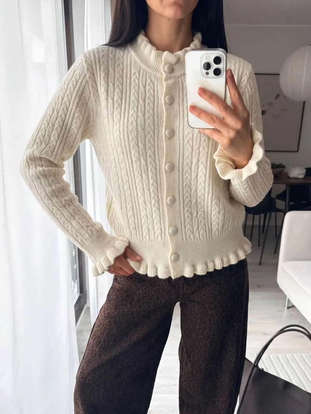 Cable-Knit Ruffle-Trim Cardigan, view 2