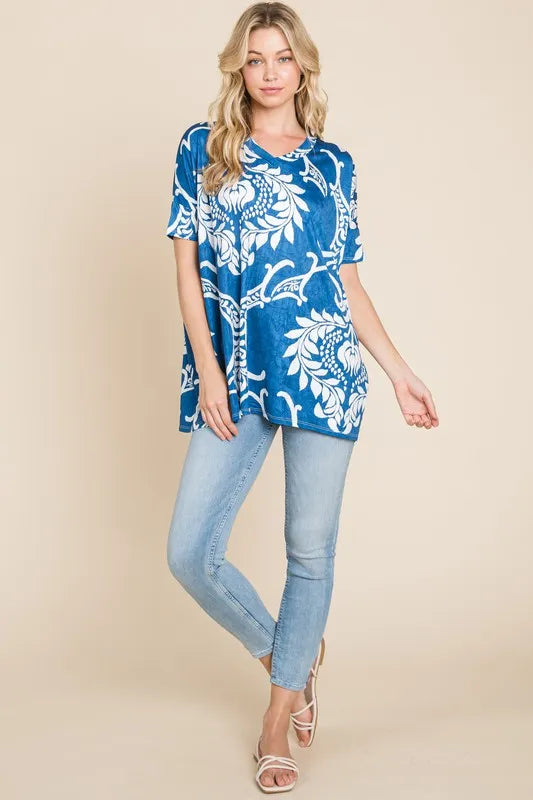 BOMBOM Printed Relaxed V-Neck Tunic Top - Lilixa.store