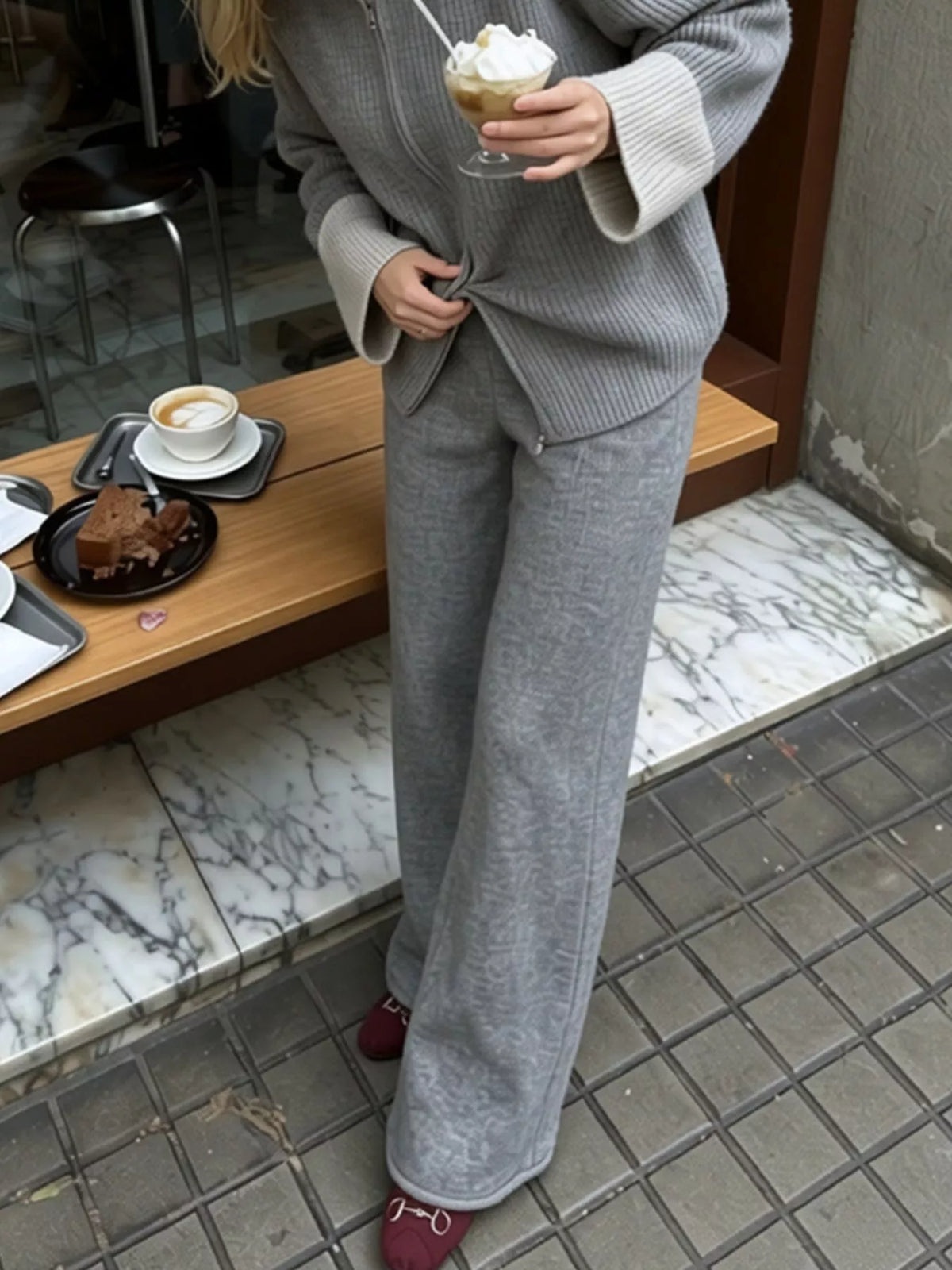 Zip-Up Contrast Cuff Cardigan and Pants Sweater Set, view 9