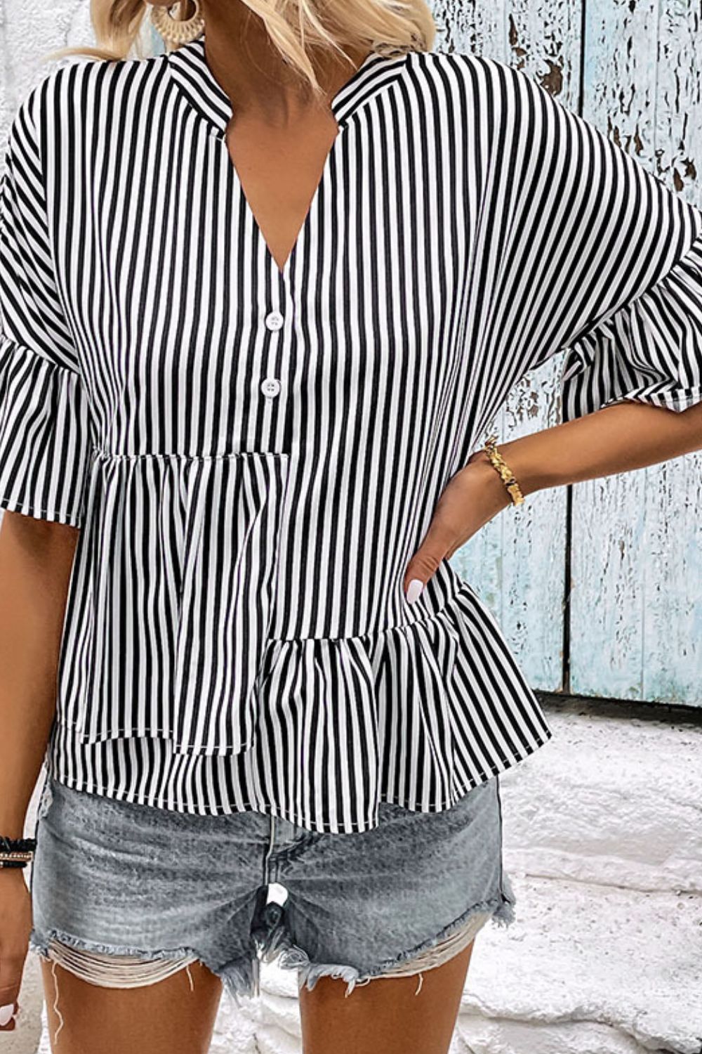 Perfee Striped Asymmetrical Flounce Sleeve Blouse, view 4