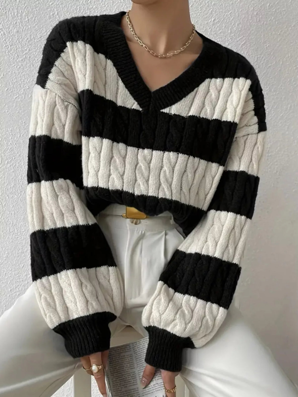 V-Neck Striped Cable Knit Sweater
