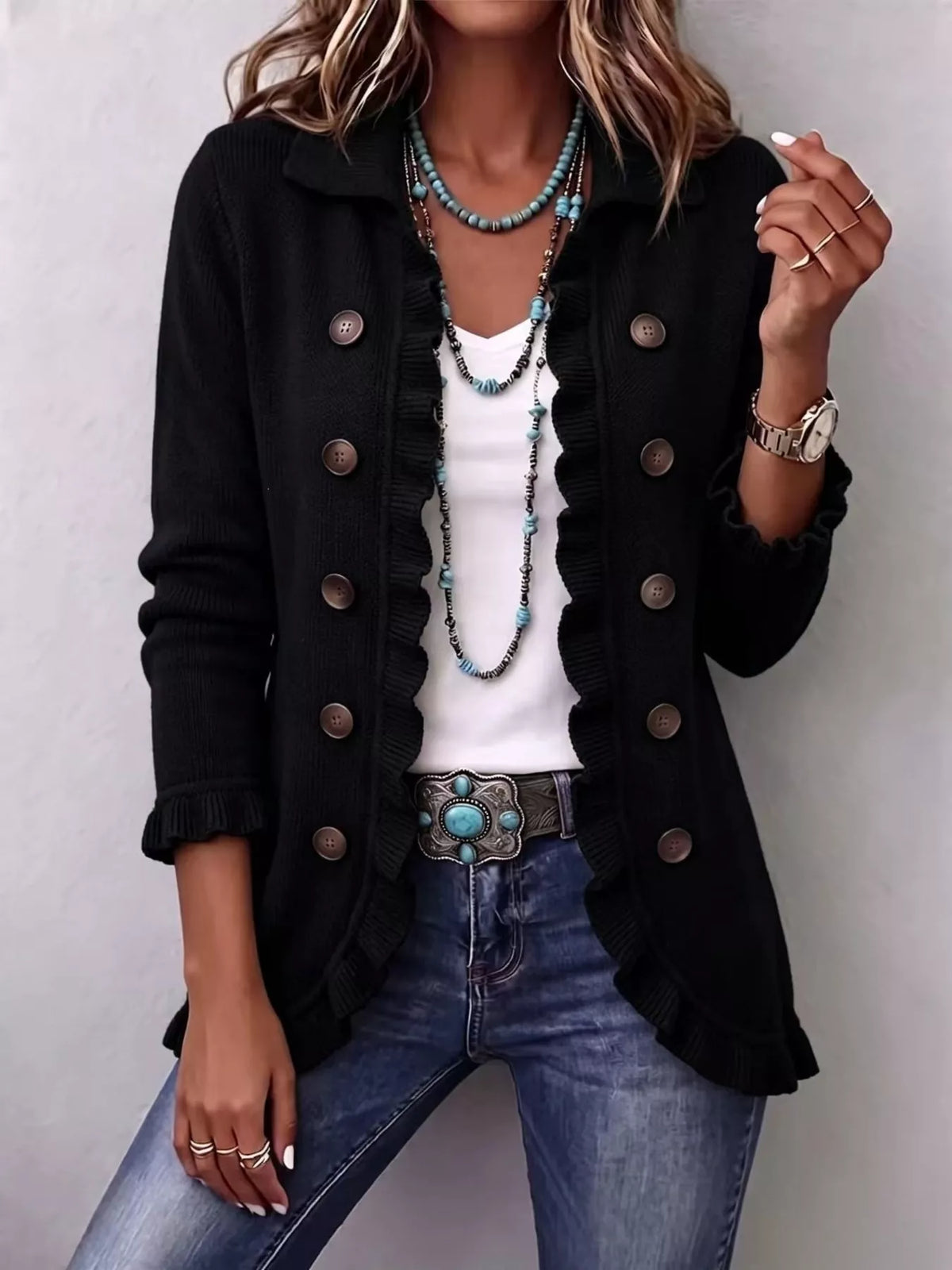 Full Size Ruffled Trim Decorative Button Cardigan Plus Size - Lilixa.store