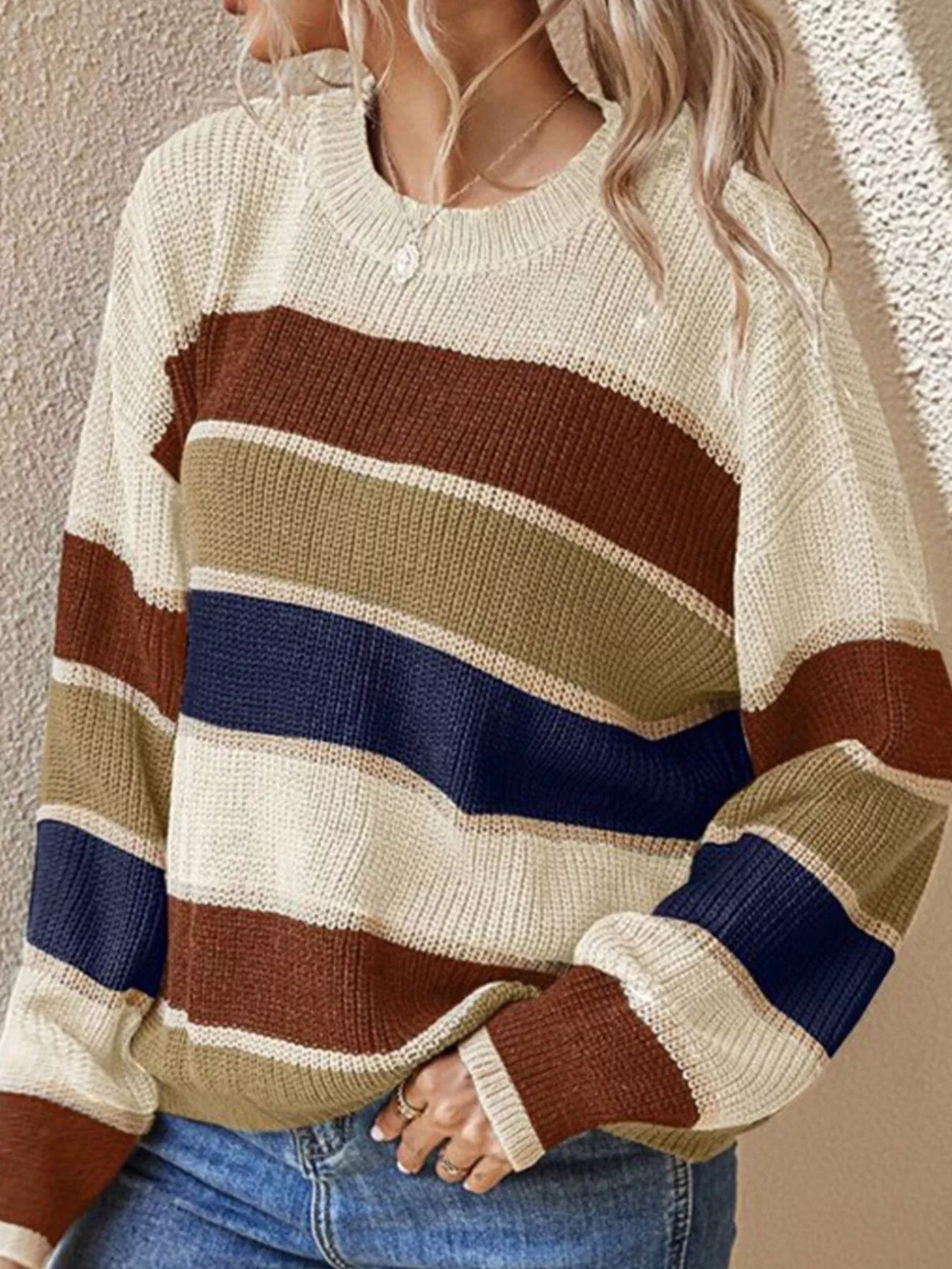 Color Block Striped Crew Neck Sweater