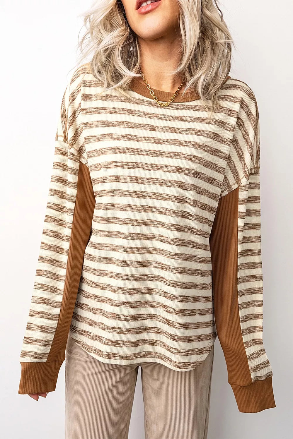Stripe Textured Knit Color Block Trim Long Sleeve Round Neck Top - Lilixa.store