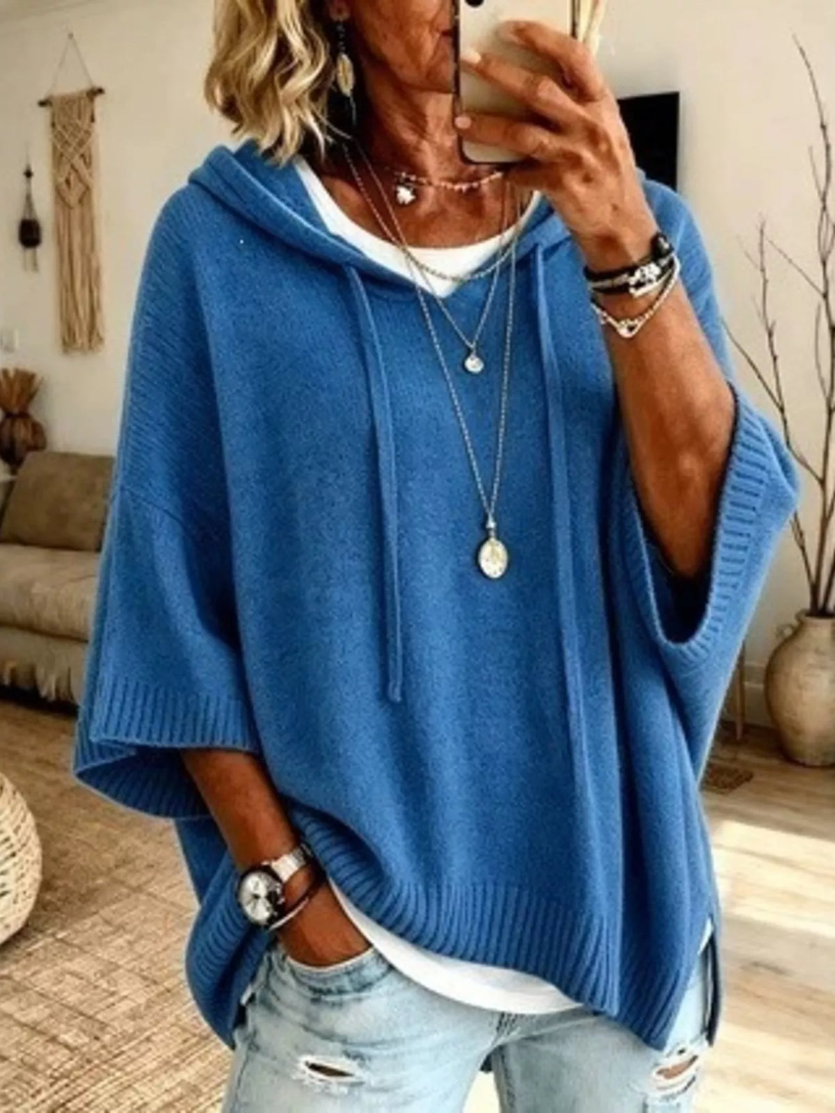 Full Size Casual Hooded Batwing Sleeve Knit Sweater Plus Size - Lilixa.store