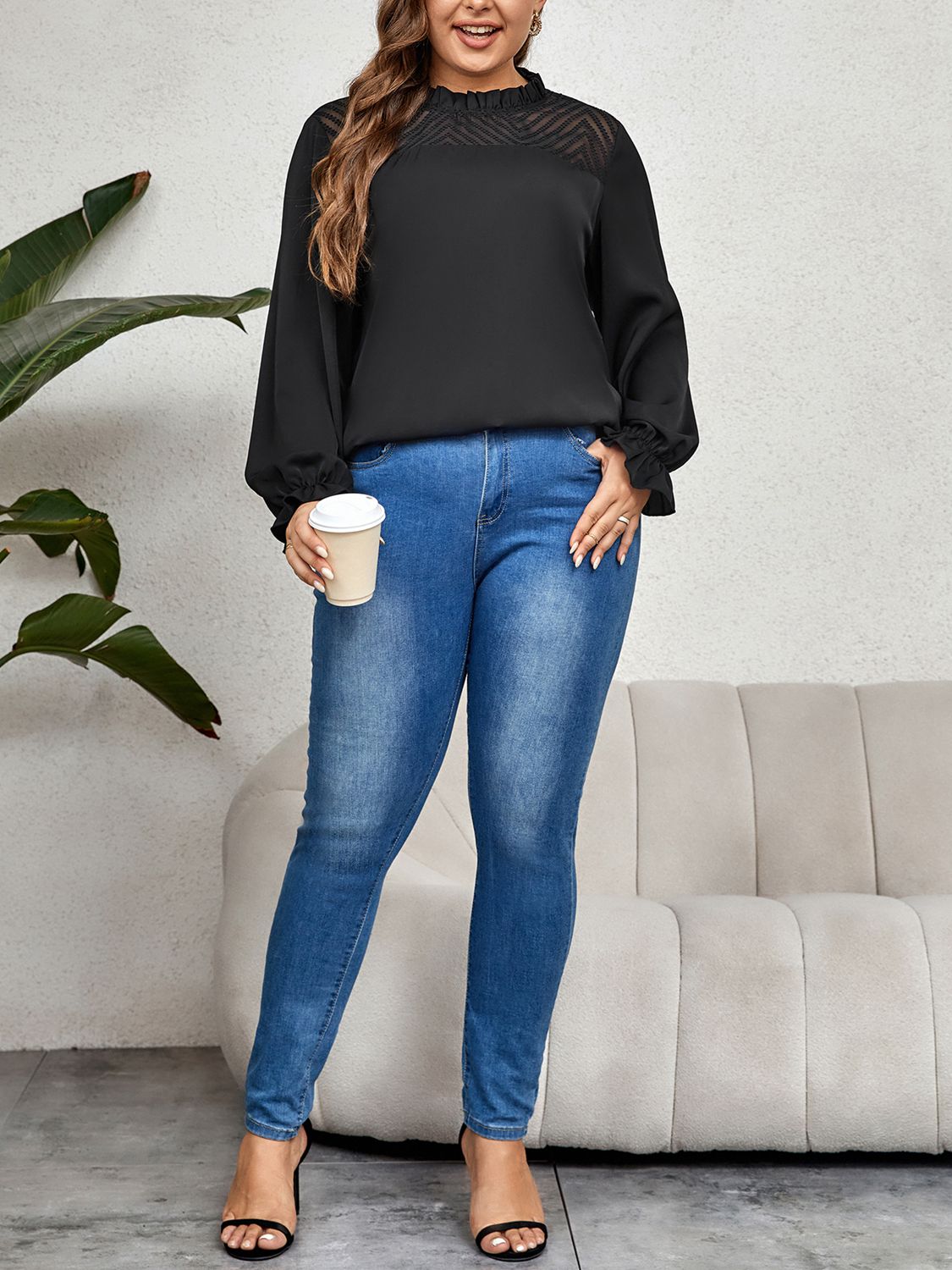 Honey Plus Size Round Neck Flounce Sleeve Blouse in Black, view 6