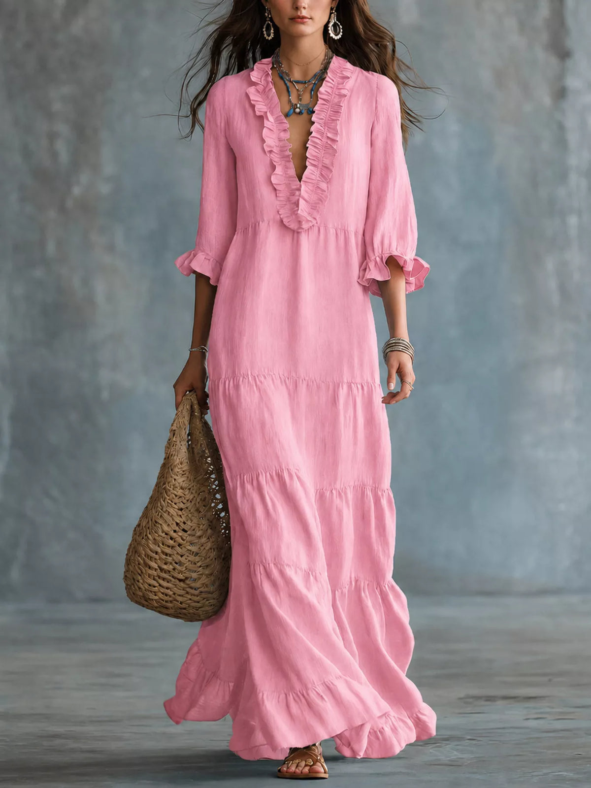 Ruffled V-Neck Tiered Maxi Dress