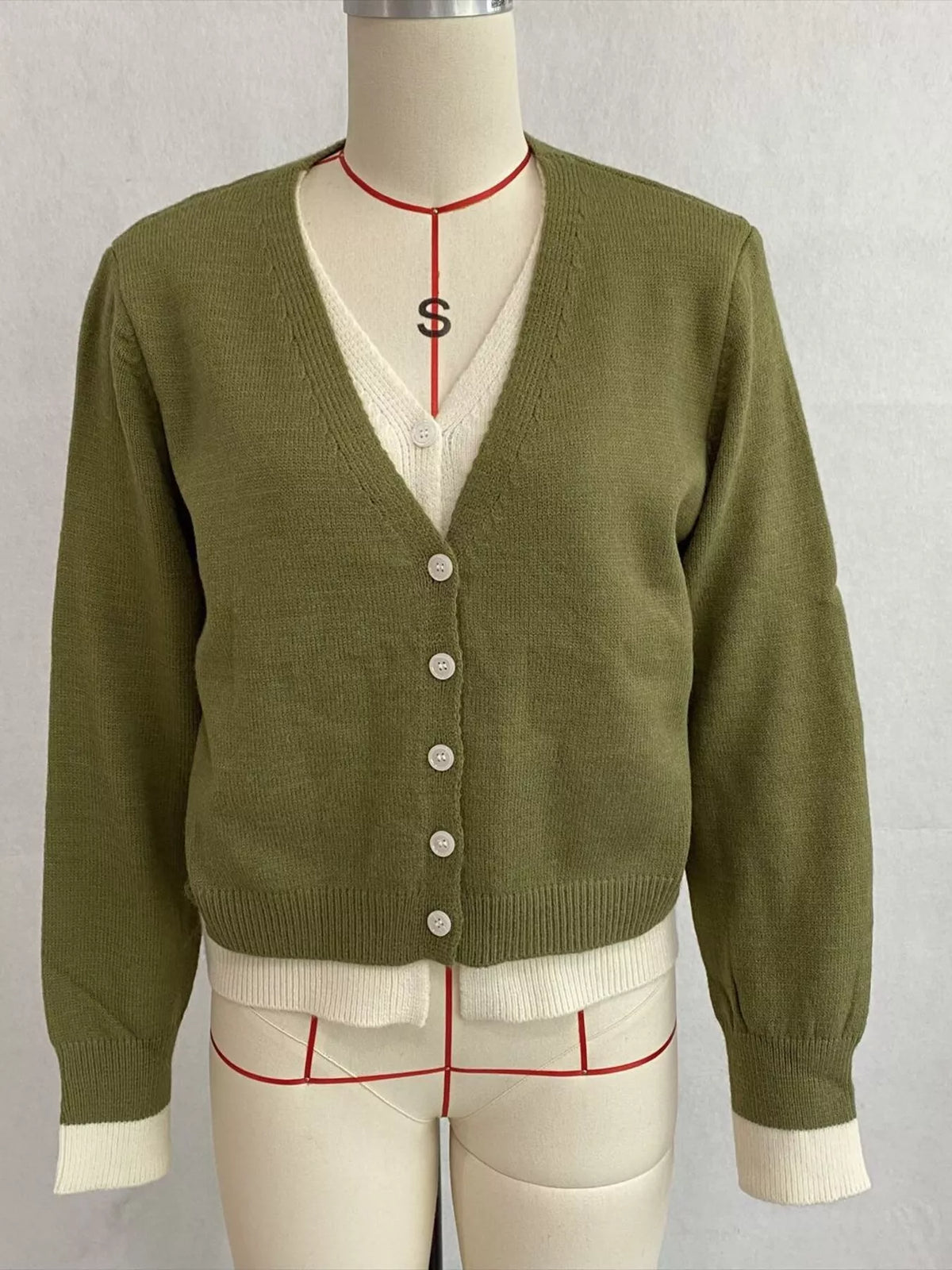 V-Neck Button-Down Contrast Layered Cardigan, view 12