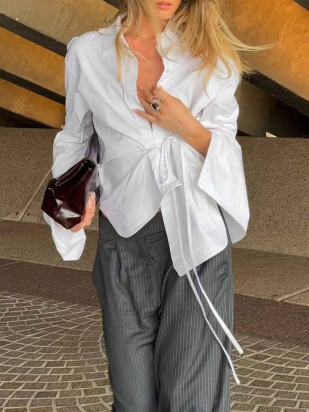 Tie-Waist Detail Wrap-Front Shirt - Lilixa.store