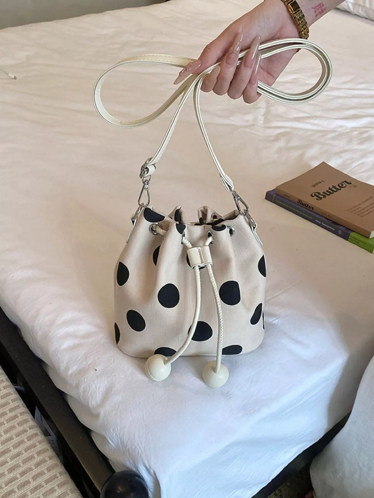 Polka Dot Drawstring Bucket Crossbody Bag - Lilixa.store