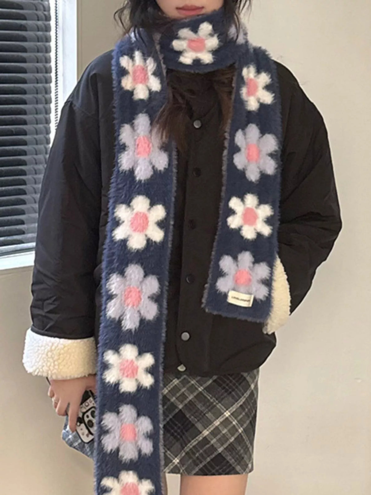 Floral Fuzzy Knit Scarf - Lilixa.store