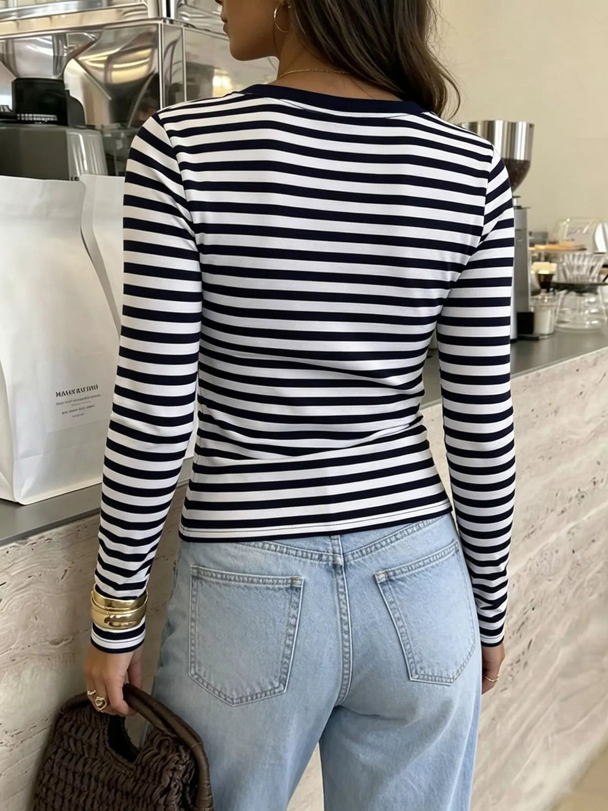 Striped V-Neck Long Sleeve T-Shirt
