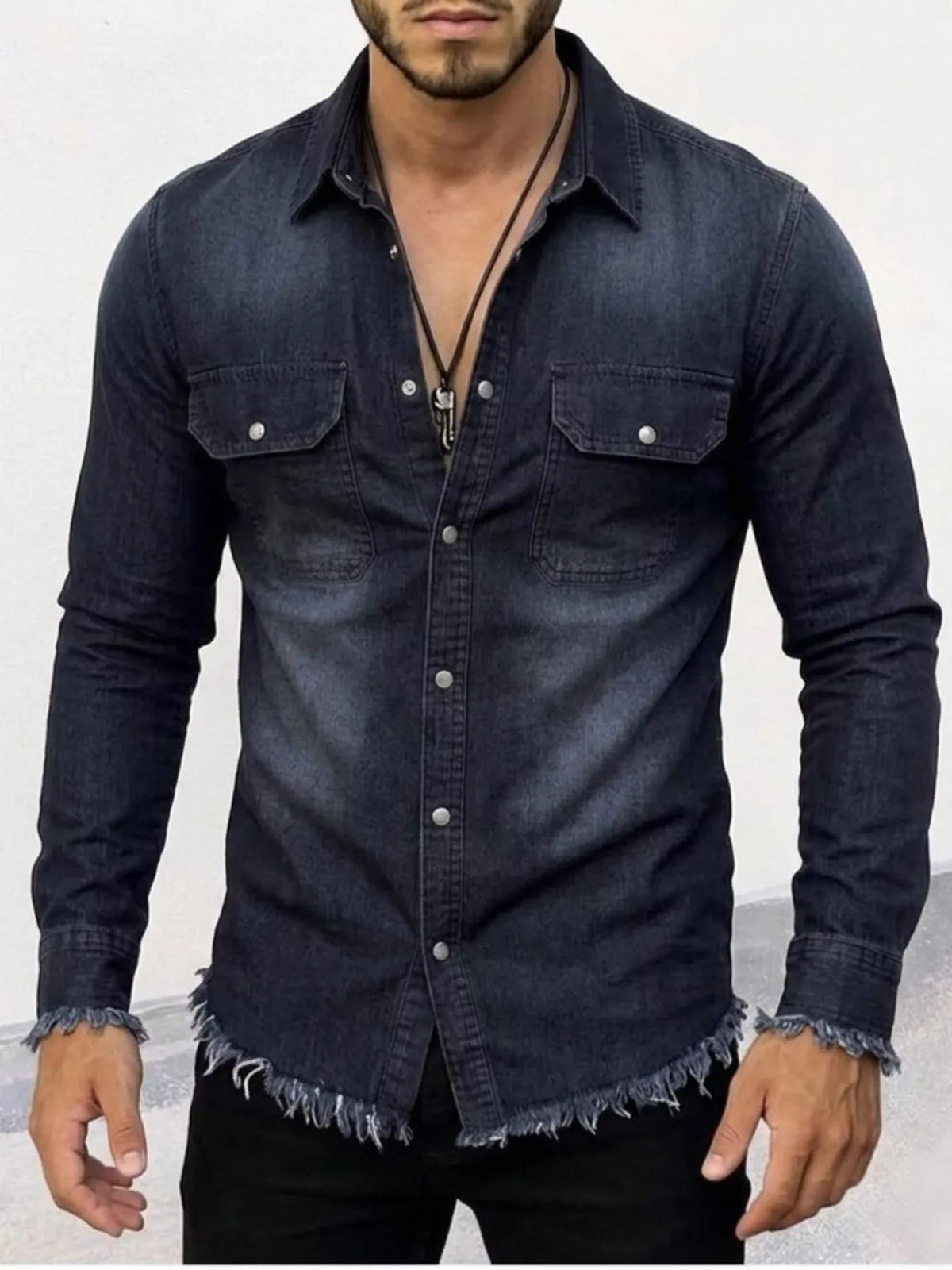 Men's Frayed Hem Denim Shirt - Lilixa.store