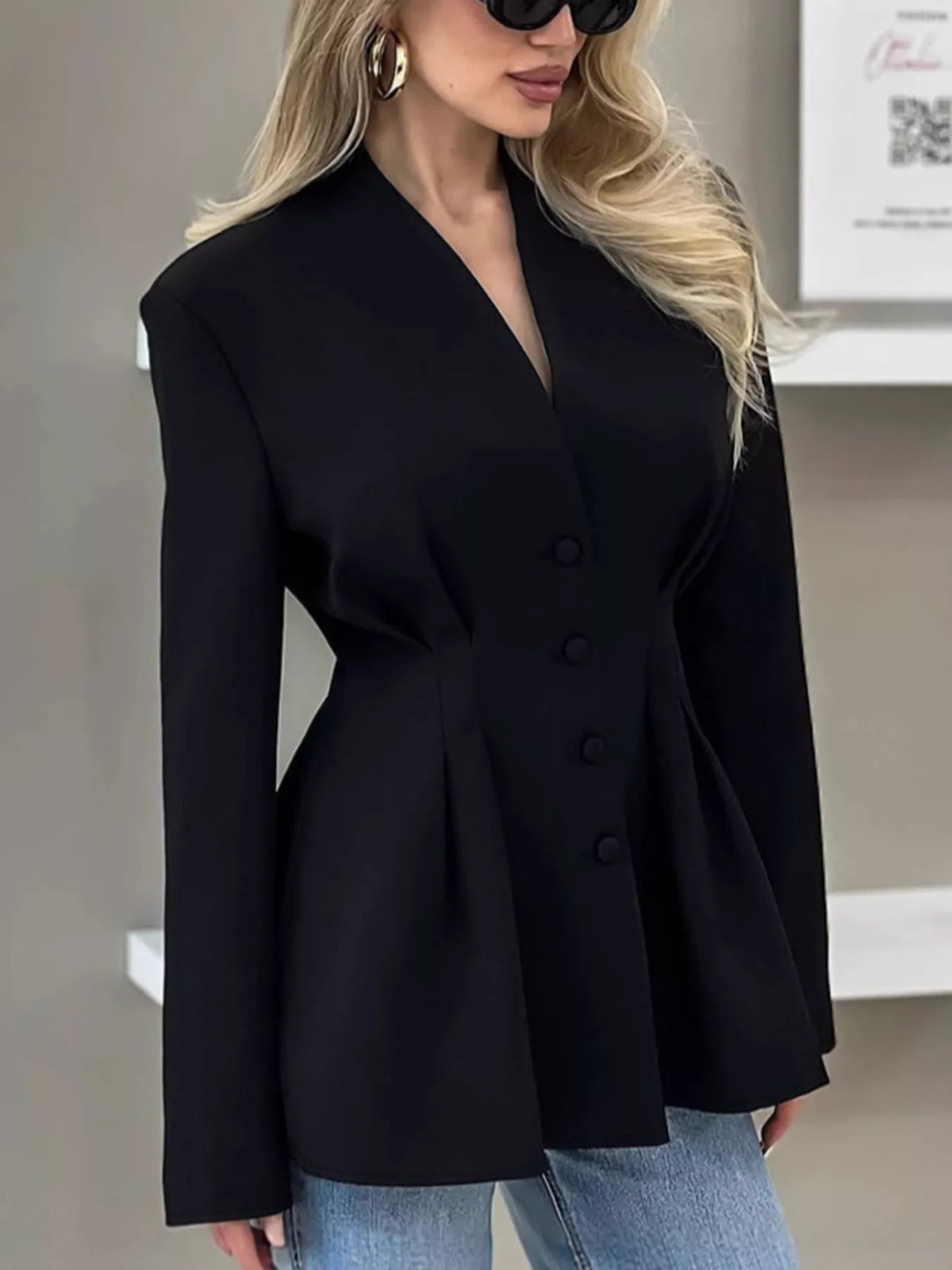 Fitted Button-Down Jacket in Black, view 4