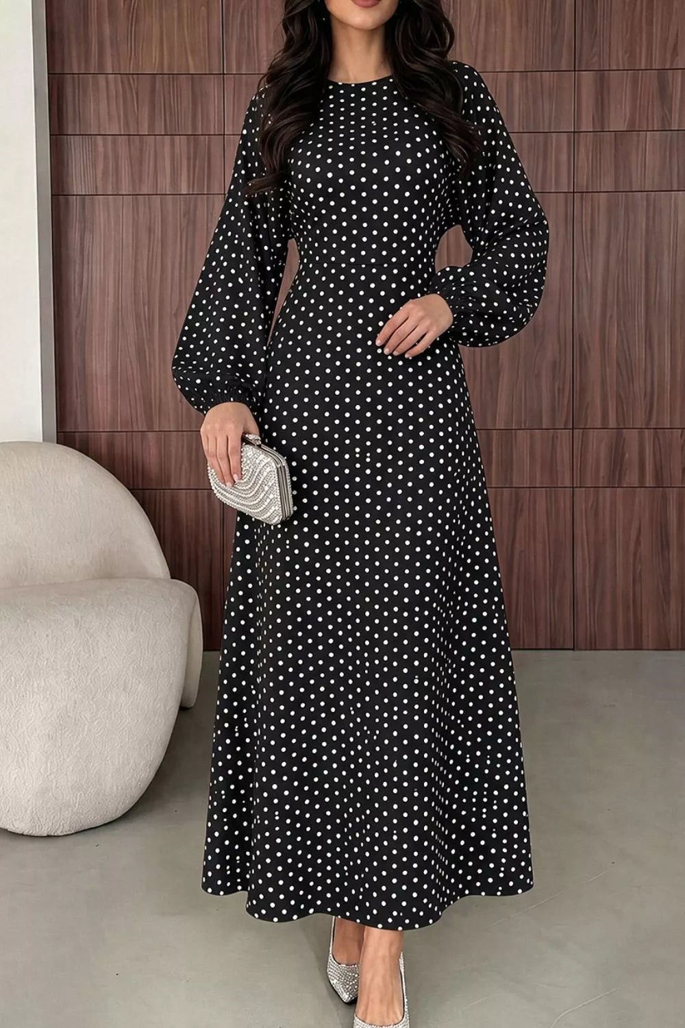 Polka Dot Long Sleeve Maxi Dress - Lilixa.store
