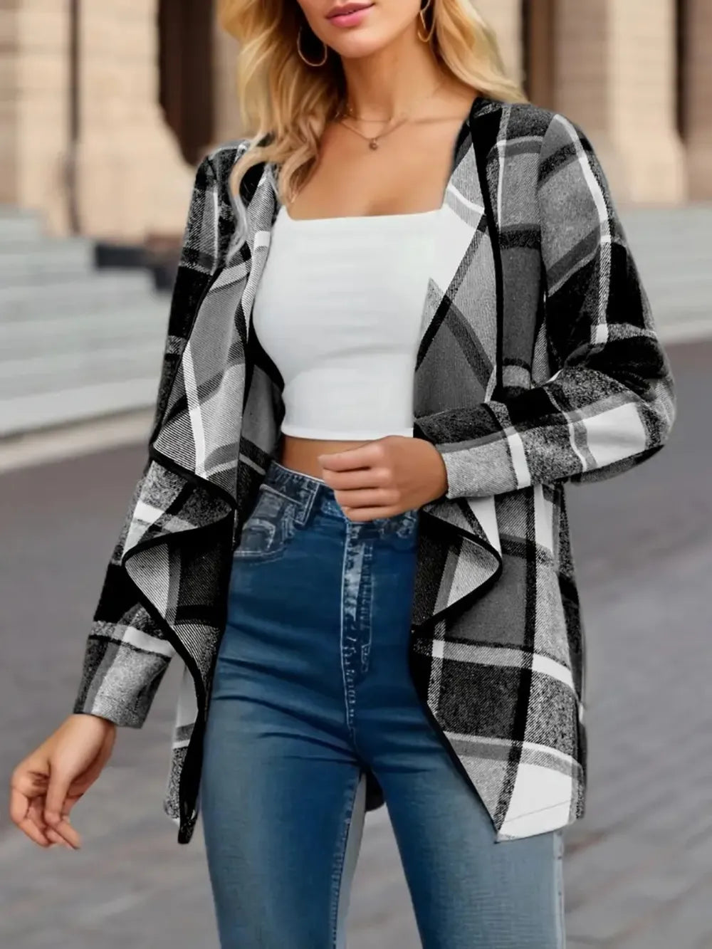 Plaid Open Front Long Sleeve Jacket, view 7