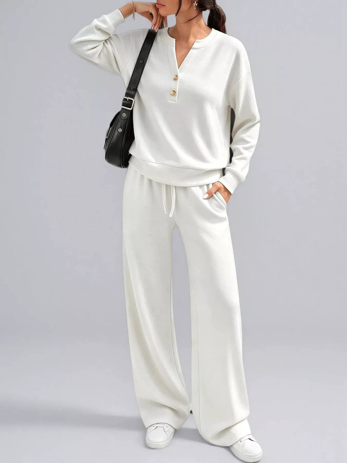 Button Detail Dropped Shoulder Top and Pants Set - Lilixa.store