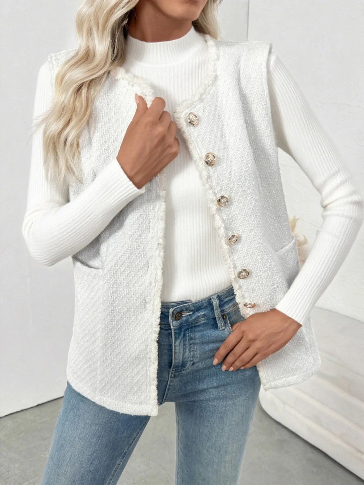 Textured Button-Front Vest with Raw Edge in White, view 4