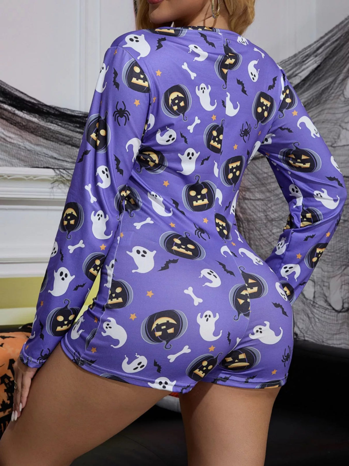 Halloween Pumpkin Print Button-Front Lounge Romper - Lilixa.store