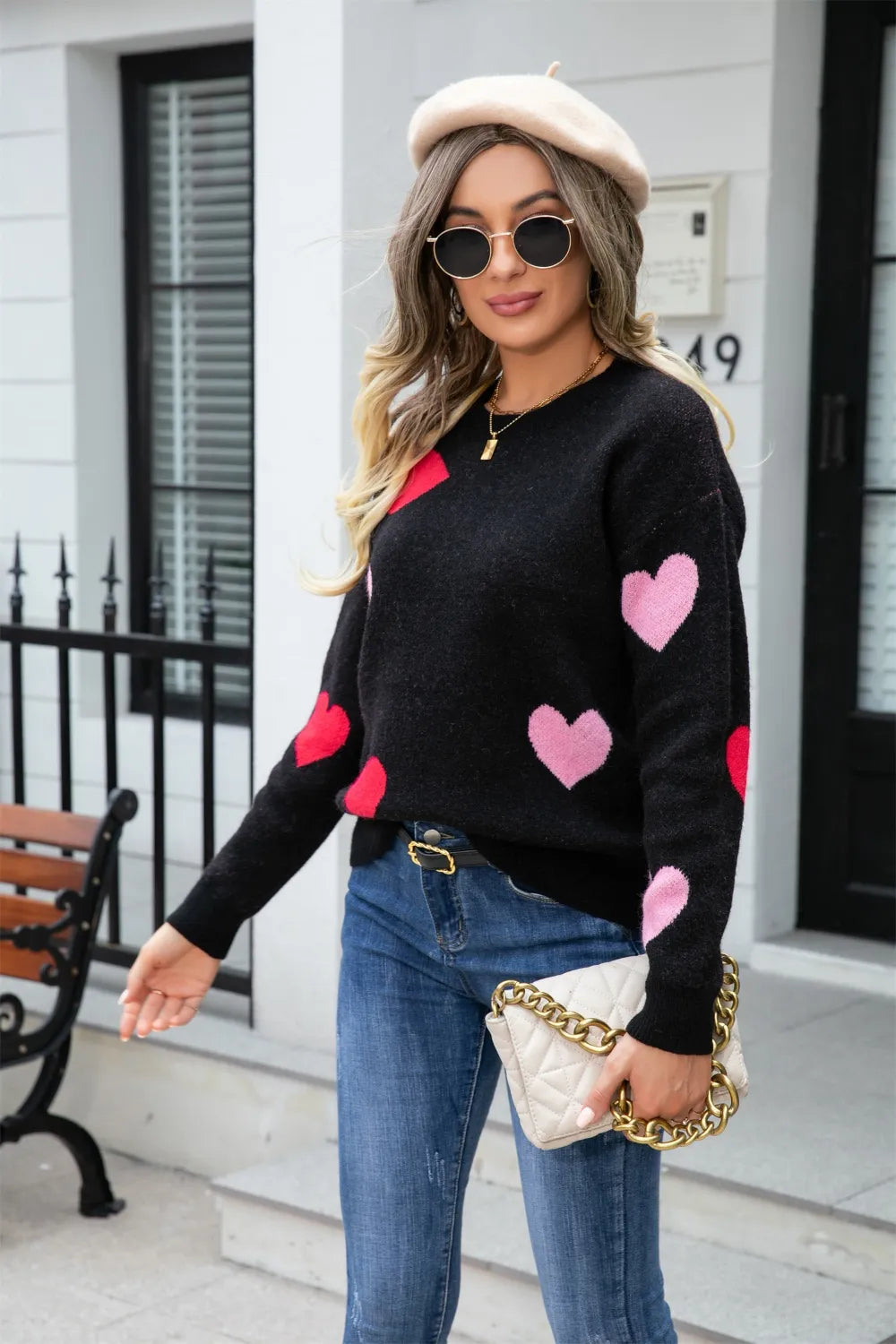 Angel Wings Heart Round Neck Droppped Shoulder Sweater, view 12
