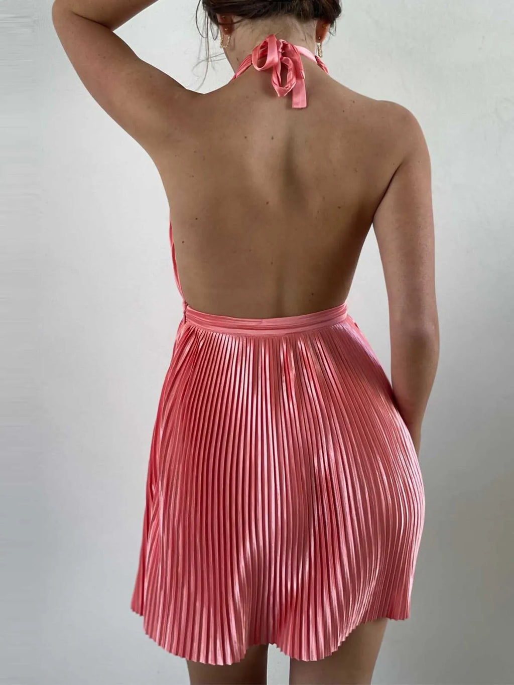 Pleated Halter Neck Mini Dress - Lilixa.store