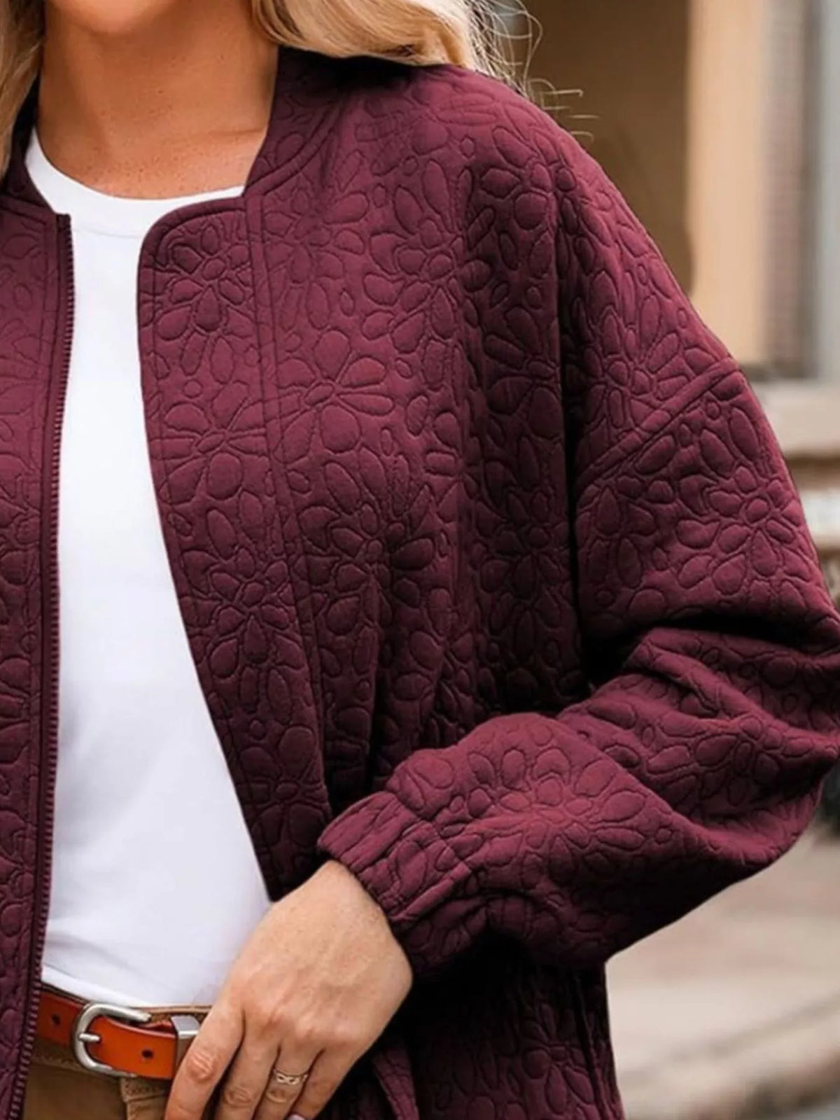 Full Size Floral Quilted Zip Up Jacket Plus Size, view 8