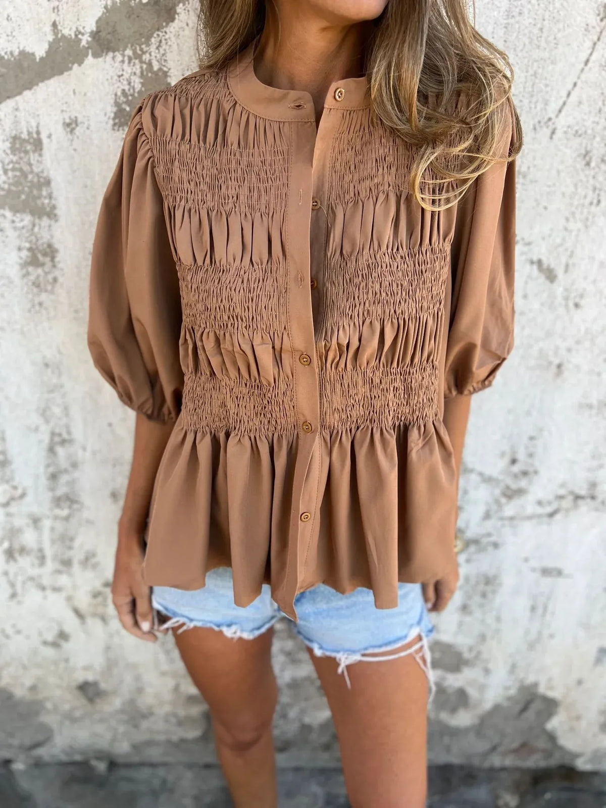 Full Size Smocked Puff Sleeve Blouse Plus Size - Lilixa.store