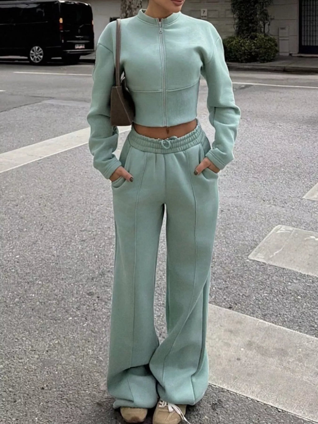 Zip-Up Crop Jacket and Wide-Leg Pants Set - Lilixa.store