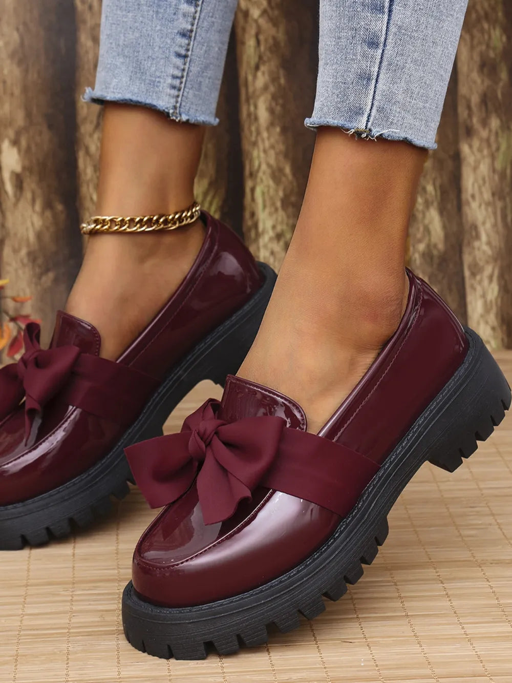 Bow PU Leather Round Toe Loafers in Burgundy, view 4