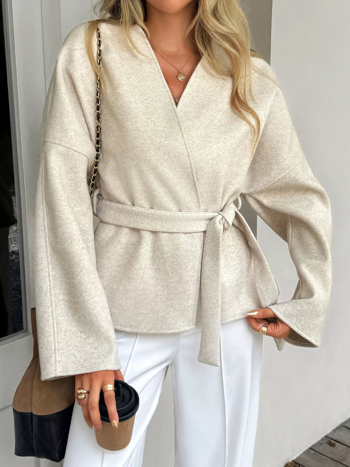 Surplice Dropped Shoulder Tie Belt Outerwear in Apricot