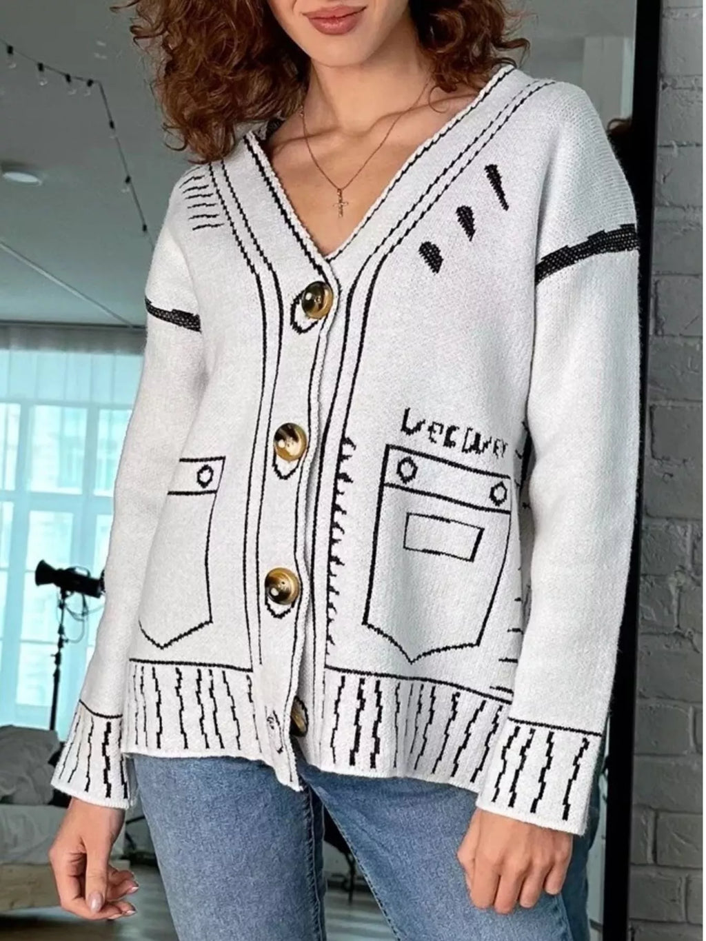 Contrast Graphic V-Neck Button-Down Cardigan - Lilixa.store