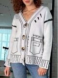 Contrast Graphic V-Neck Button-Down Cardigan - Lilixa.store
