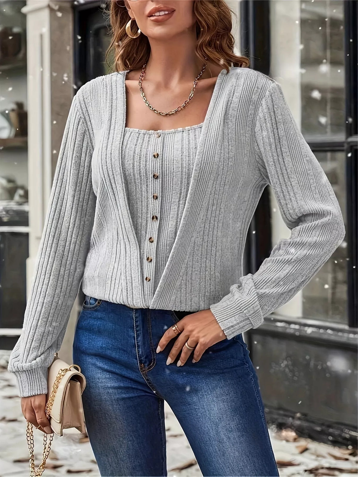 Ribbed Knit Faux Layered T-Shirt