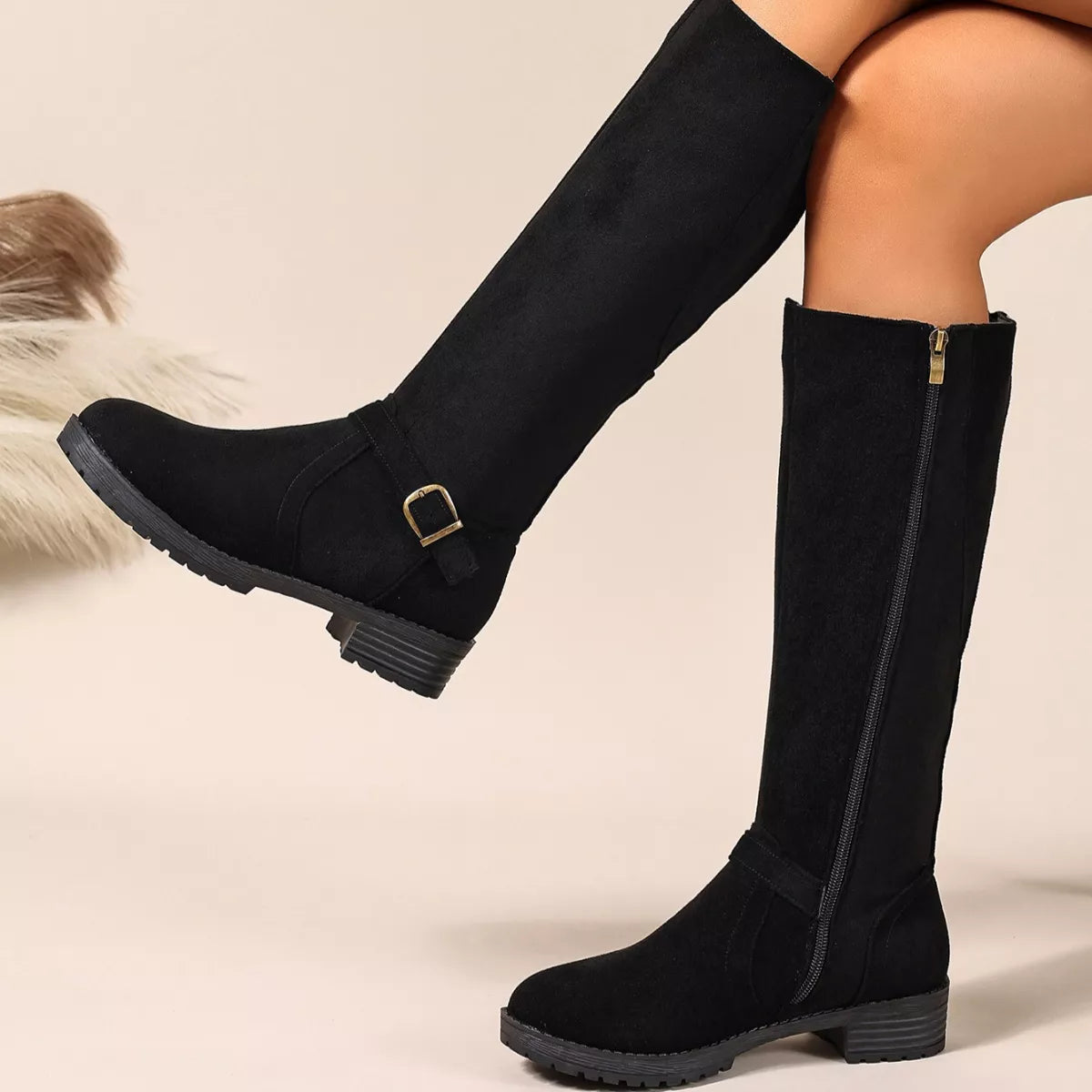 Knee-High Suede Buckle Accent Boots - Lilixa.store