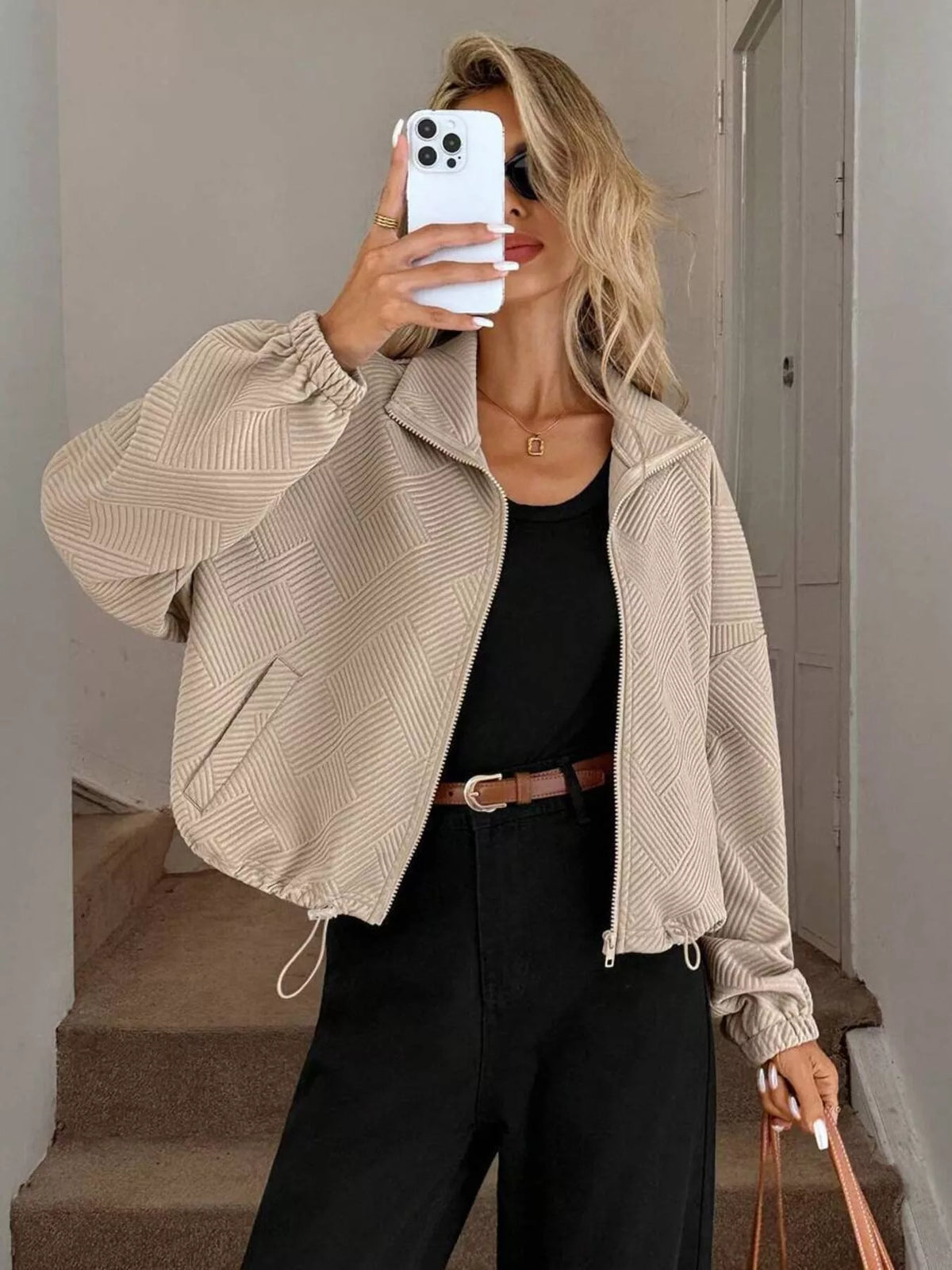 Drawstring Hem Textured Long Sleeve Jacket, view 4