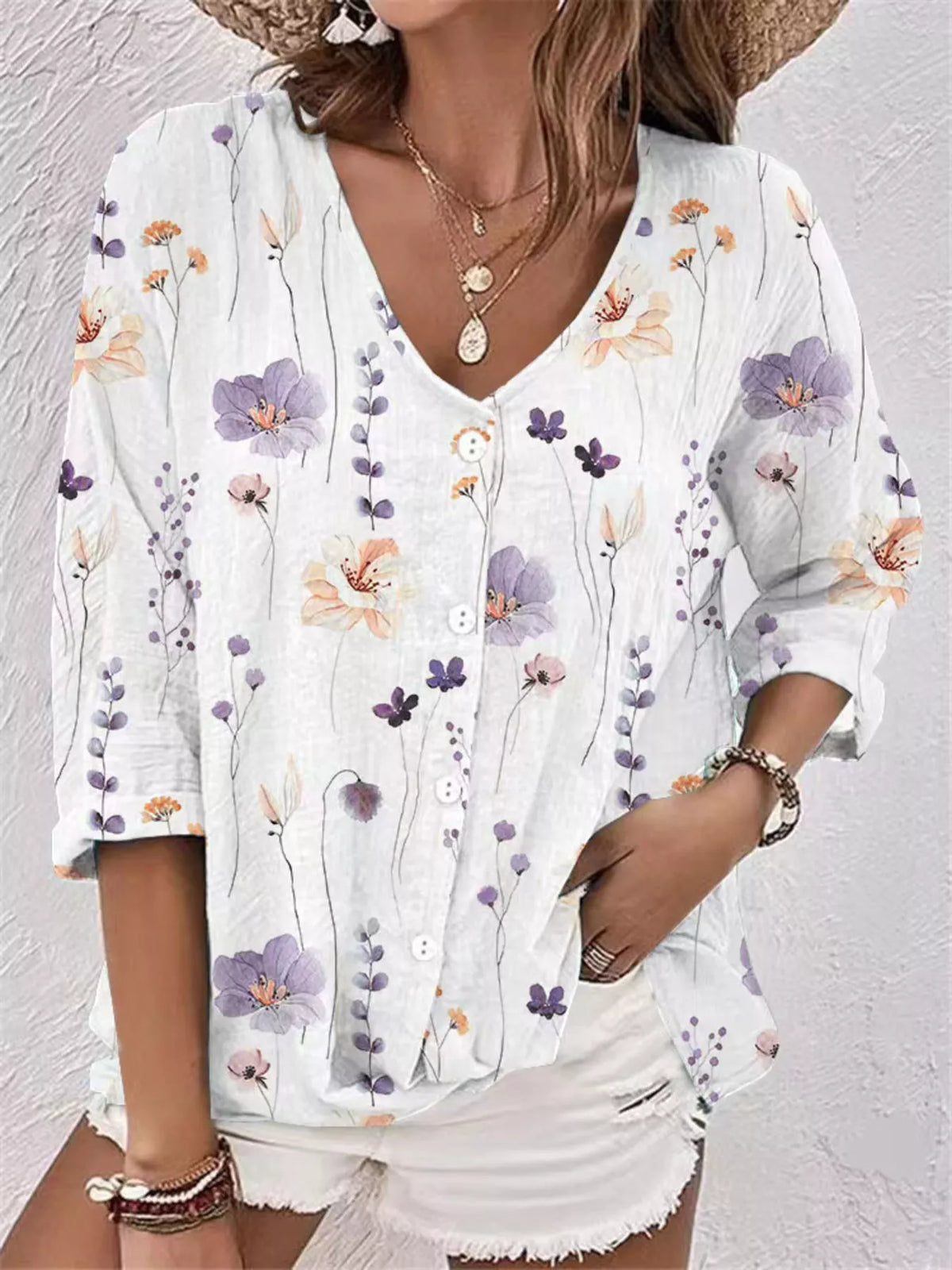 Floral Print V-Neck Button-Down Shirt - Lilixa.store