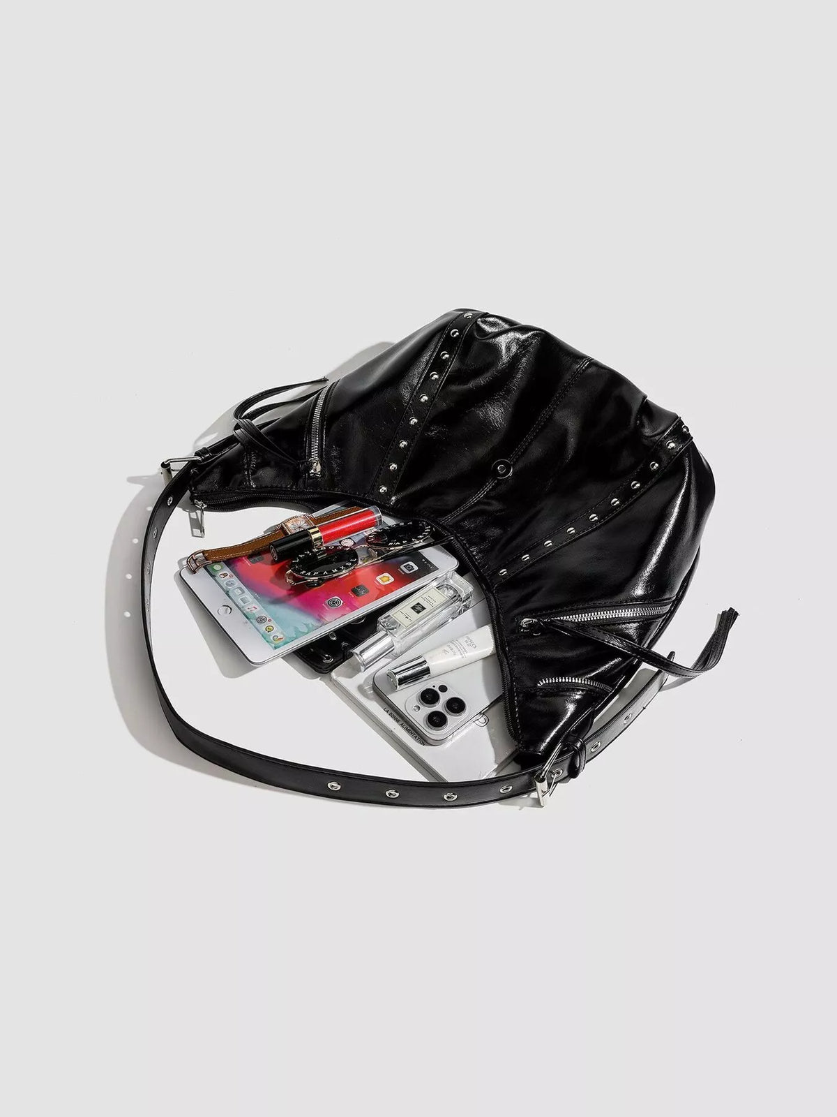 Studded Patent Leather Hobo Shoulder Bag in Black, view 6