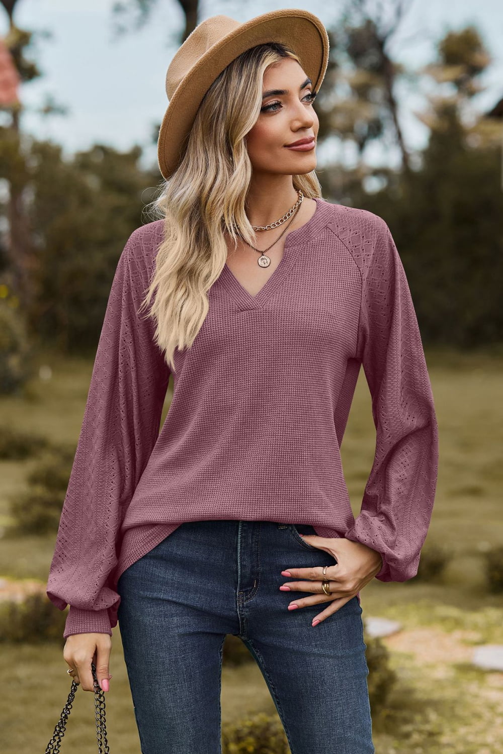 Notched Neck Raglan Sleeve Blouse in Pink Purple