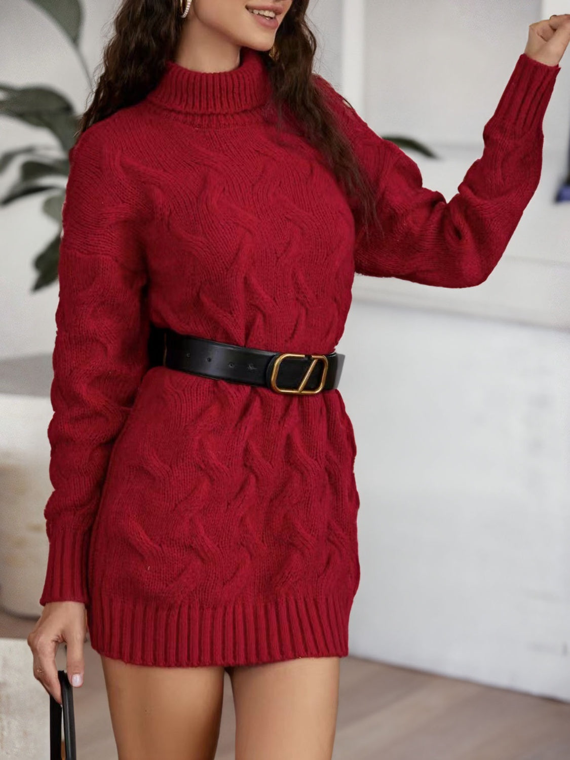 Cable-Knit Turtleneck Sweater Dress in Burgundy